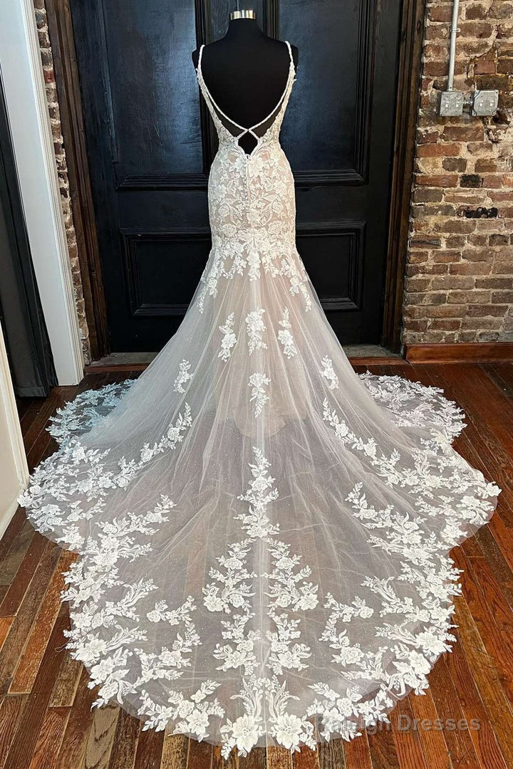 Off-White Appliques Backless Trumpet Long Wedding Dress V-Neck Secondary image