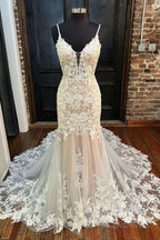 Off-White Appliques Backless Trumpet Long Wedding Dresses V-Neck