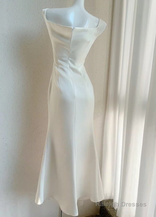 Off-White Irregular Suspender Dresses Satin Birthday Prom Dresseses