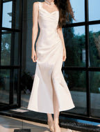 Off-White Irregular Suspender Dresses Satin Birthday Prom Dresseses