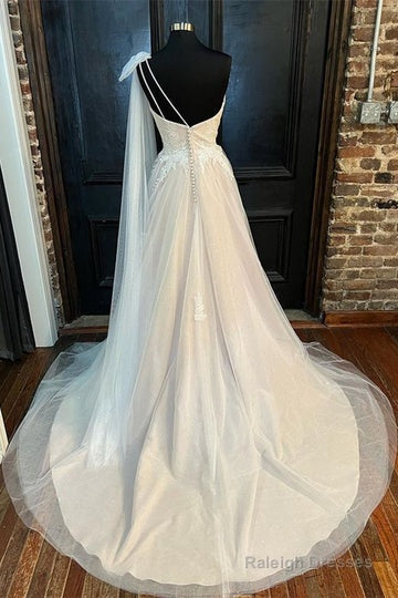 Off-White One-Shoulder A-Line Wedding Dress Long Beautiful Secondary image