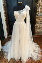 Off-White One-Shoulder A-Line Wedding Dresses Long Beautiful