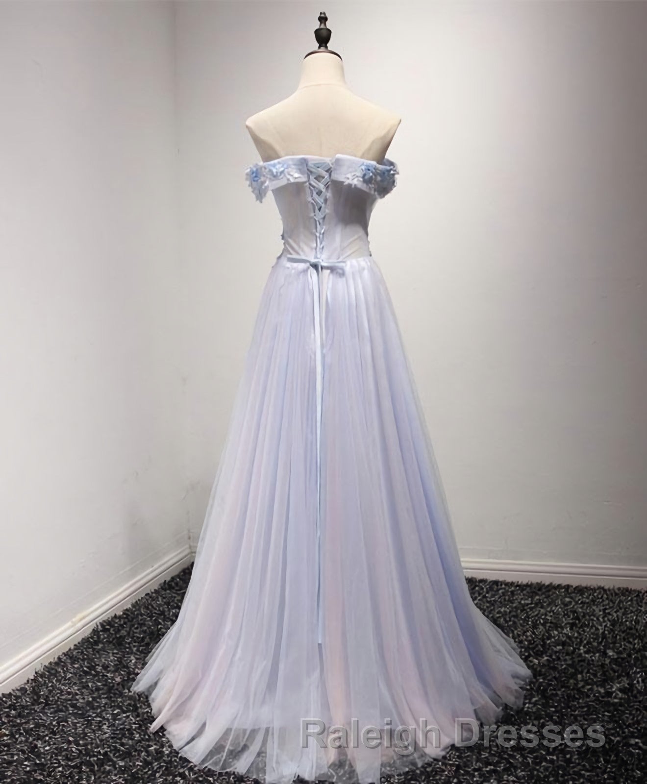 Light Blue Tulle Lace Long Prom Dress, Lace Evening Dress
