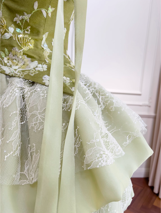 Olive Green A-Line Mesh Lace Sequined Short Prom Dresses Homecoming Dresses