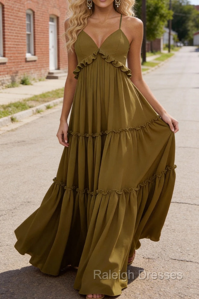 Olive Green A-line V Neck Sleeveless Floor-Length Chiffon Prom Dress Long Backless with Pleated Ruffles