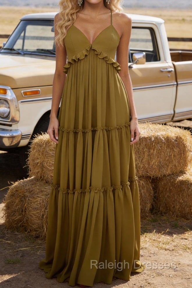 Olive Green A-line V Neck Sleeveless Floor-Length Chiffon Prom Dress Long Backless with Pleated Ruffles