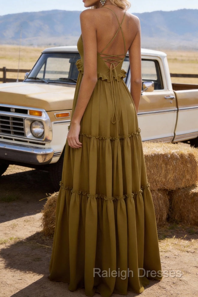 Olive Green A-line V Neck Sleeveless Floor-Length Chiffon Prom Dress Long Backless with Pleated Ruffles