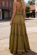 Olive Green A-line V Neck Sleeveless Floor-Length Chiffon Prom Dress Long Backless with Pleated Ruffles