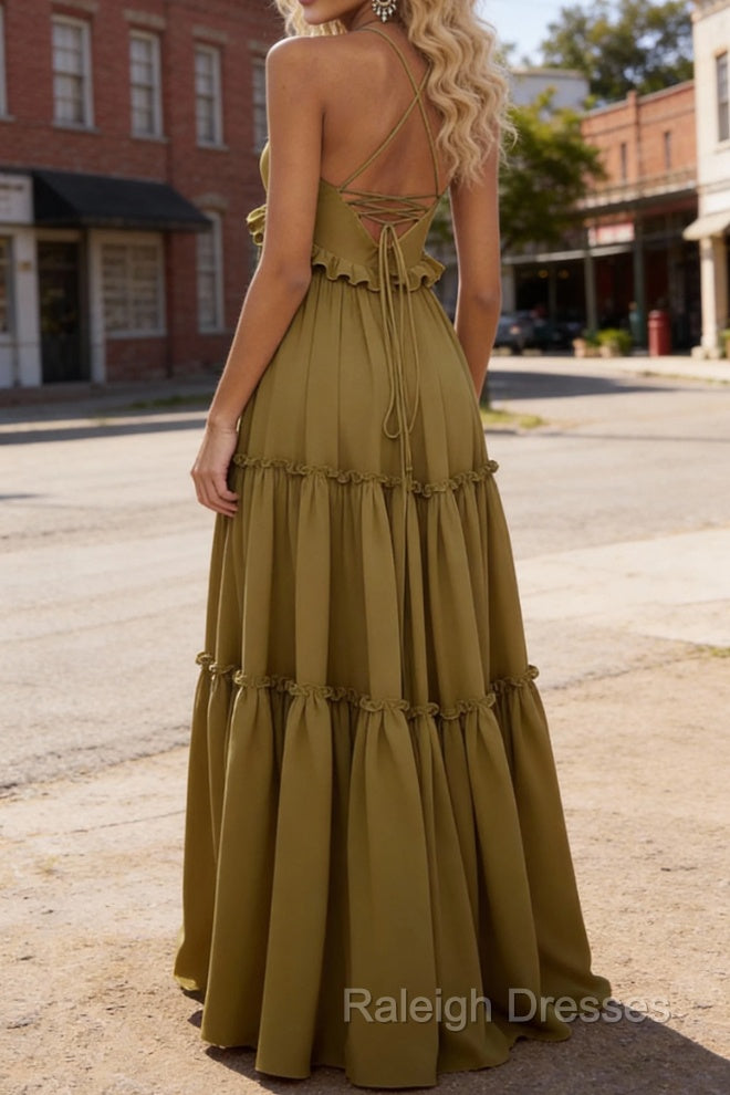 Olive Green A-line V Neck Sleeveless Floor-Length Chiffon Prom Dress Long Backless with Pleated Ruffles