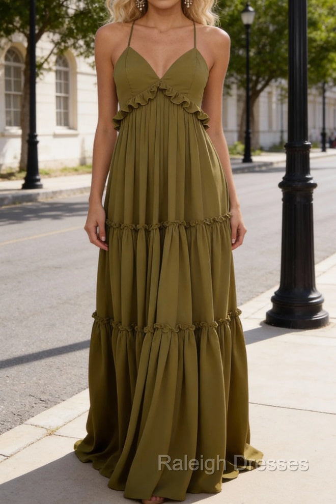 Olive Green A-line V Neck Sleeveless Floor-Length Chiffon Prom Dress Long Backless with Pleated Ruffles Main image