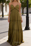 Olive Green A-line V Neck Sleeveless Floor-Length Chiffon Prom Dress Long Backless with Pleated Ruffles