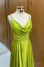 Olive Green Cowl Neck Chain Strap A Line Long Prom Dress