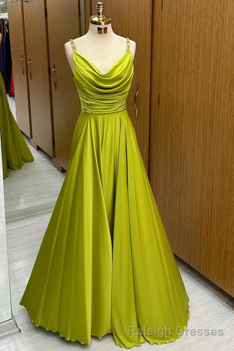 Olive Green Cowl Neck Chain Strap A Line Long Prom Dress Main image