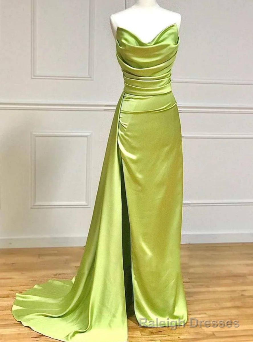 Olive Green Mermaid Satin Strapless Pleats Prom Dress Main image