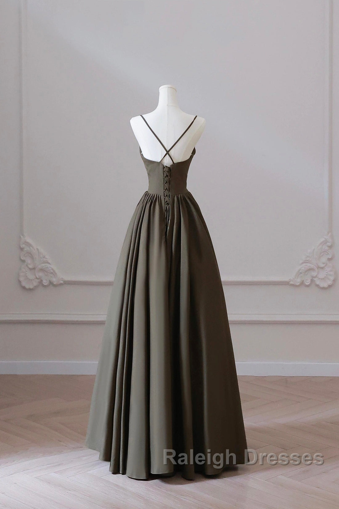 Olive Green Spaghetti Strap Satin Long Prom Dress, A-Line V Neck Party Dress