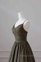 Olive Green Spaghetti Strap Satin Long Prom Dress, A-Line V Neck Party Dress