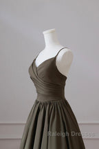 Olive Green Spaghetti Strap Satin Long Prom Dresses A-Line V Neck Prom Dresses