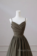 Olive Green Spaghetti Strap Satin Long Prom Dress, A-Line V Neck Party Dress