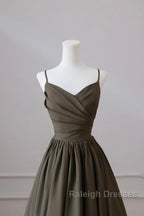 Olive Green Spaghetti Strap Satin Long Prom Dresses A-Line V Neck Prom Dresses