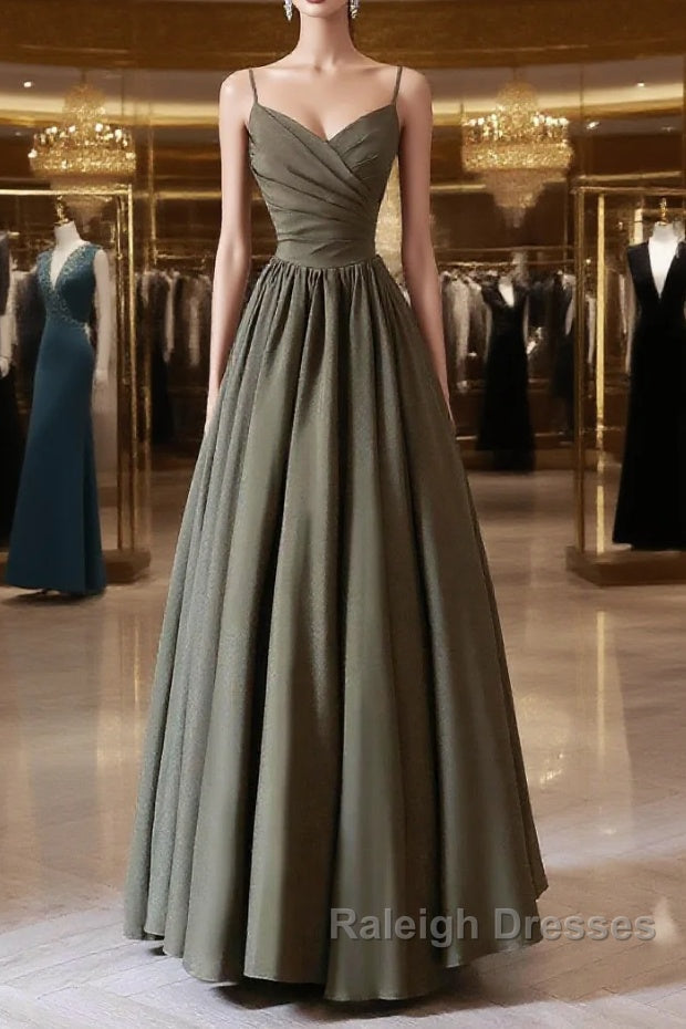Olive Green Spaghetti Strap Satin Long Prom Dresses A-Line V Neck Prom Dresses Main image