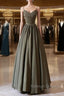Olive Green Spaghetti Strap Satin Long Prom Dresses A-Line V Neck Prom Dresses
