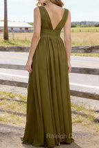 Olive Green V Neck Chiffon Floor Length Bridesmaid Dress Long Bridesmaid Dresses With Pleated Split