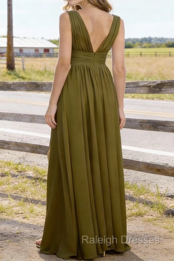 Olive Green V Neck Chiffon Floor Length Bridesmaid Dress Long Bridesmaid Dresses With Pleated Split