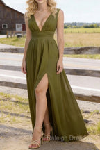 Olive Green V Neck Chiffon Floor Length Bridesmaid Dress Long Bridesmaid Dresses With Pleated Split