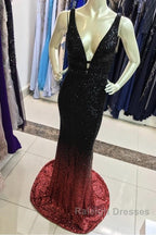 Ombre Mermaid V-Neck Court Train Prom Sequins Dress
