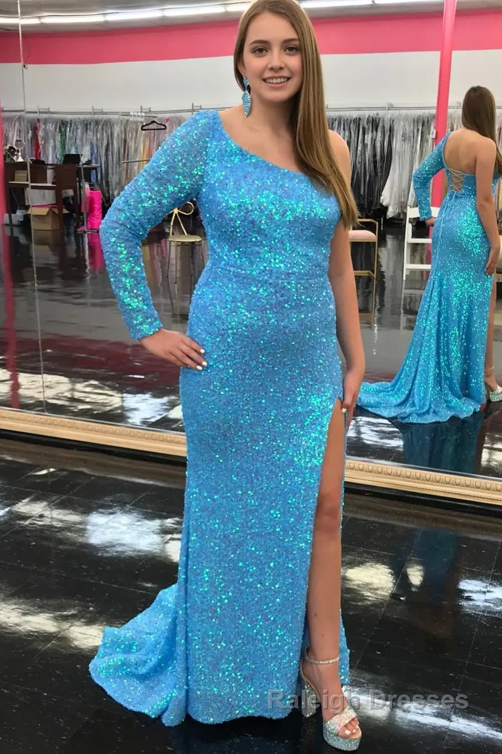 One Shouder Long Sleeves Sequins Mermaid Prom Dress with Slit