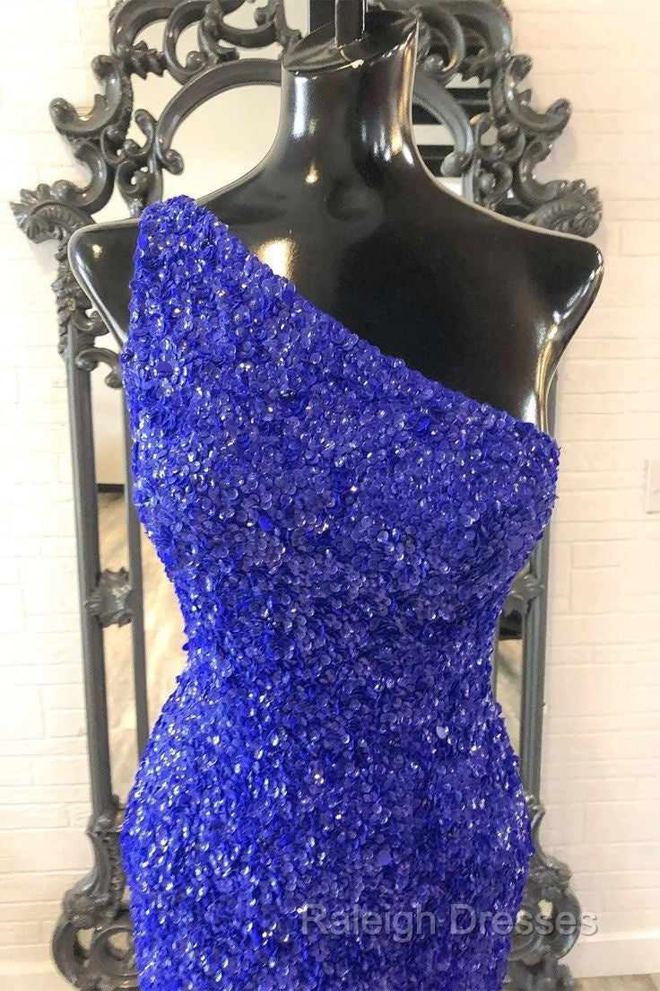 One Shouder Royal Blue Prom Dresses Long Sequin Evening Dress