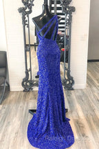 One Shouder Royal Blue Prom Dresses Long Sequin Evening Dress