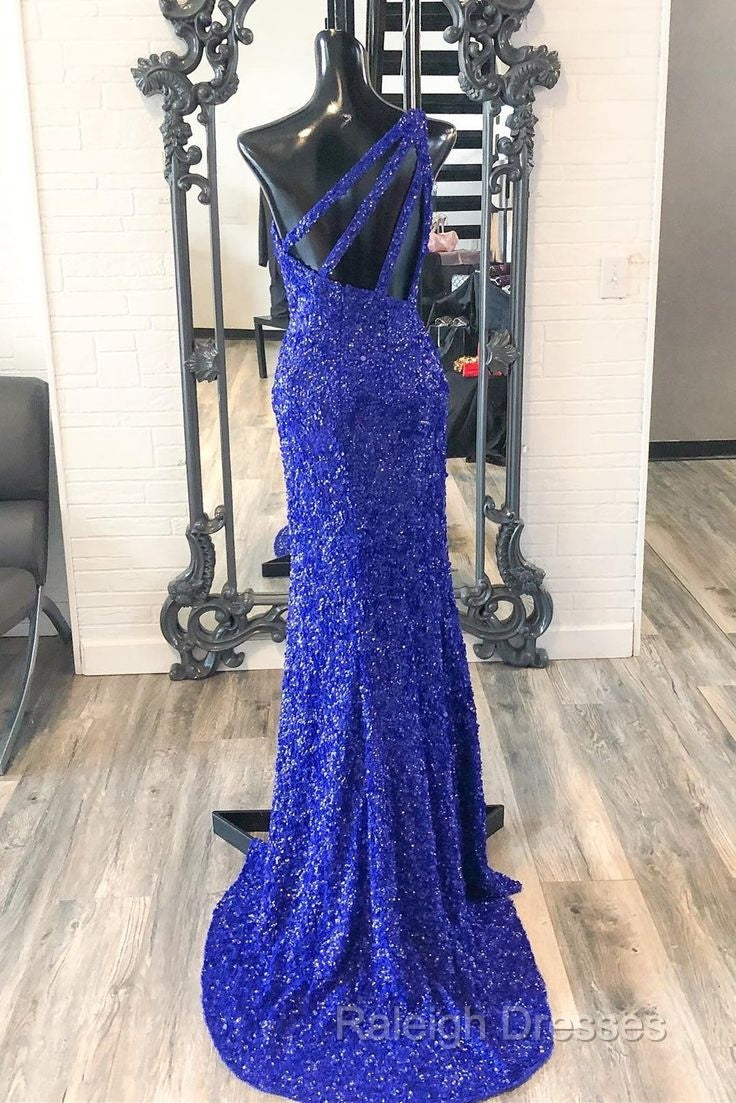 One Shouder Royal Blue Prom Dresses Long Sequin Evening Dress