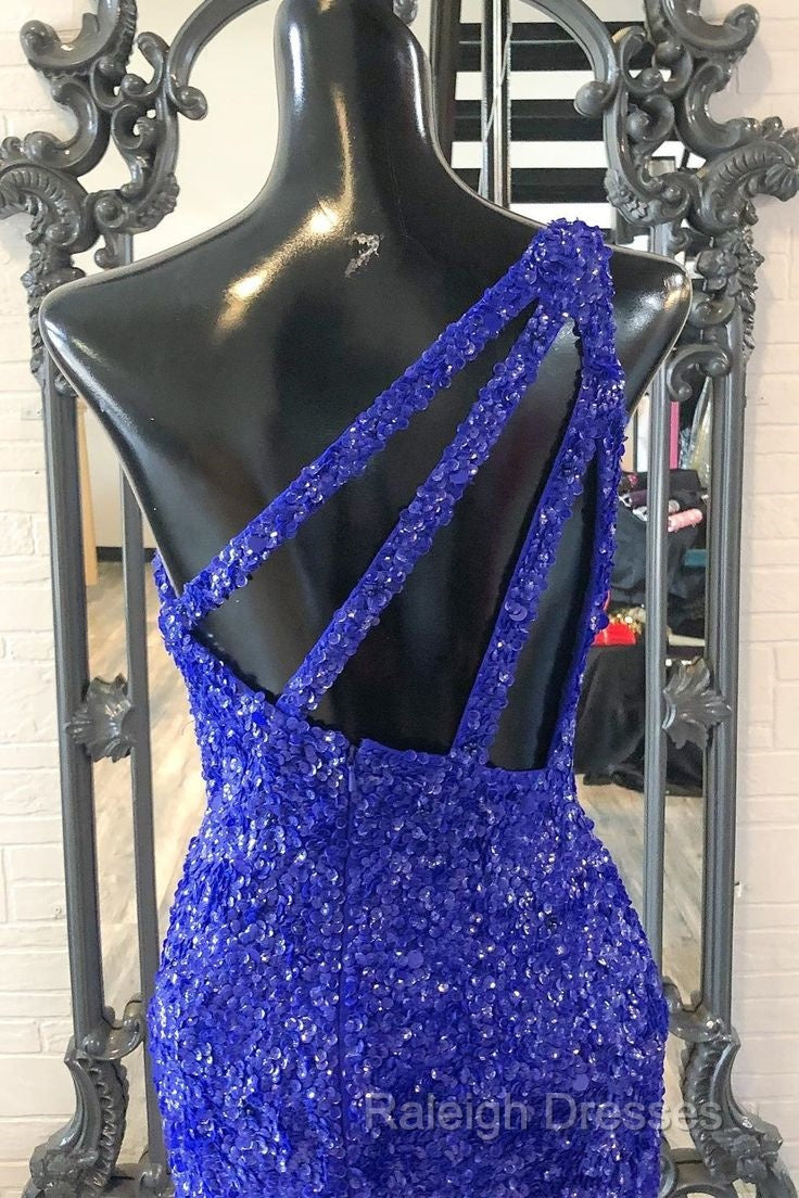 One Shouder Royal Blue Prom Dresses Long Sequin Evening Dress