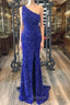 One Shouder Royal Blue Prom Dresses Long Sequin Evening Dress