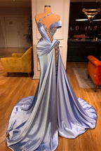 One Shoudler Light Blue Sparkle A-Line High Split Prom Dresses
