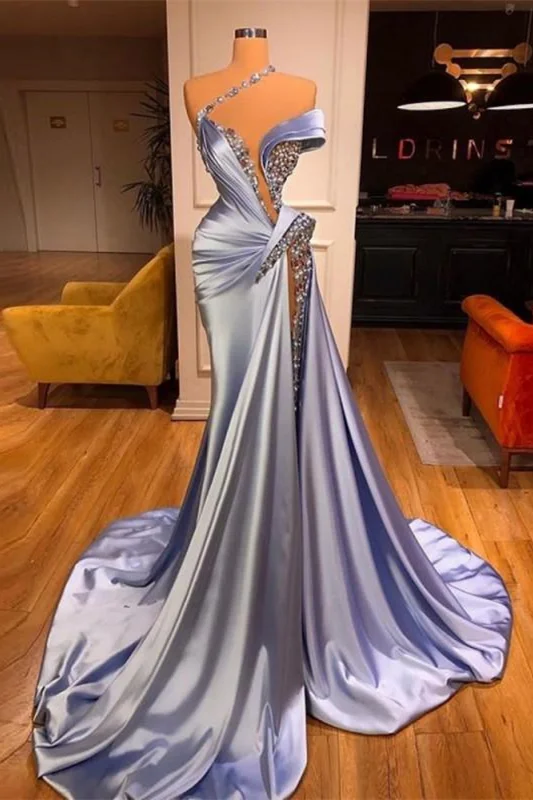 One Shoudler Light Blue Sparkle A-Line High Split Prom Dresses