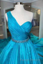One Shoulder A Line Prom Dresses with Beading Waist