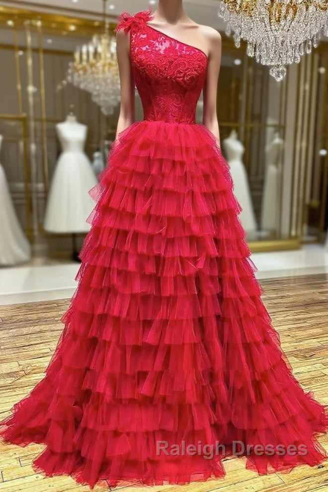 One Shoulder A-Line Tulle Burgundy Long Prom Dress, Burgundy Graduation Dress Main image