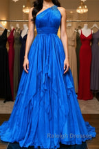 One Shoulder Backless Blue Chiffon Long Prom Dresses Beaded Blue Long Prom Dresses