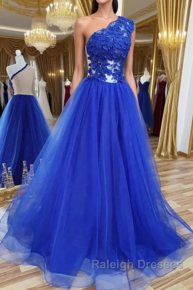 One Shoulder Backless Royal Blue Lace Long Prom Dress, Royal Blue Lace Formal Dress, Backless Royal Blue Evening Dress Main image