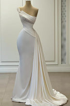 One-Shoulder Beaded Sleeveless Ruched Satin Wedding Dress