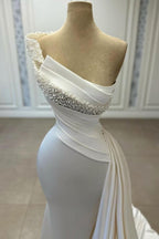 One-Shoulder Beaded Sleeveless Ruched Satin Wedding Dress