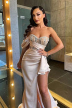 One Shoulder Beadings Formal Prom Dress Mermaid Side Slit Birthday Outfits