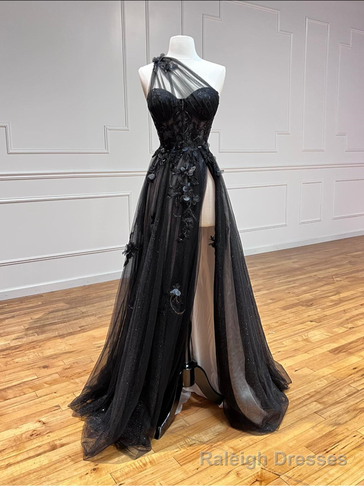 One Shoulder Black Lace Floral Long Prom Dresses, One Shoulder Black Lace Formal Prom Dresses