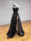 One Shoulder Black Lace Floral Long Prom Dresses, One Shoulder Black Lace Formal Prom Dresses