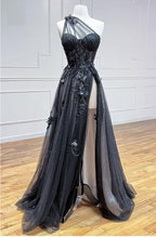 One Shoulder Black Lace Floral Prom Dress Long With High Slit 21Th Birthday Outfits