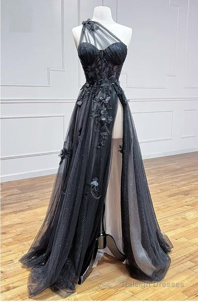 One Shoulder Black Lace Floral Prom Dress Long With High Slit 21Th Birthday Outfits Secondary image