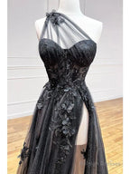 One Shoulder Black Lace Floral Long Prom Dresses With High Slit 21Th Birthday Outfits