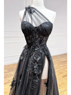 One Shoulder Black Lace Floral Prom Dress Long With High Slit 21Th Birthday Outfits